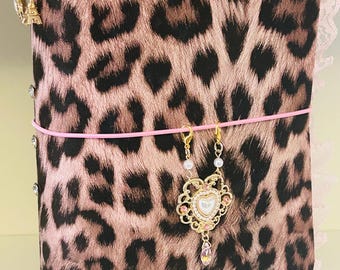 Pink Leopard Leather Traveler's Journal Cover, 1 front Charm, 2 side charms,rhinestone rivets, lace & inserts Included