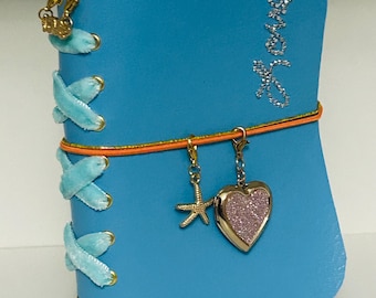 Leather “Love Island” Journal Cover, 2 front Charm, 1 side charm, 2 colored lined inserts included