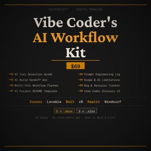 Könnte beinhalten: Eine digitale Download-Grafik mit dem Text "Vibe Coder's AI Workflow Kit" in Weiß und Gold. Das Kit enthält Anleitungen, Protokolle und Tracker. Der Preis beträgt 69 $. Der untere Teil der Grafik listet die Softwarekompatibilität auf.