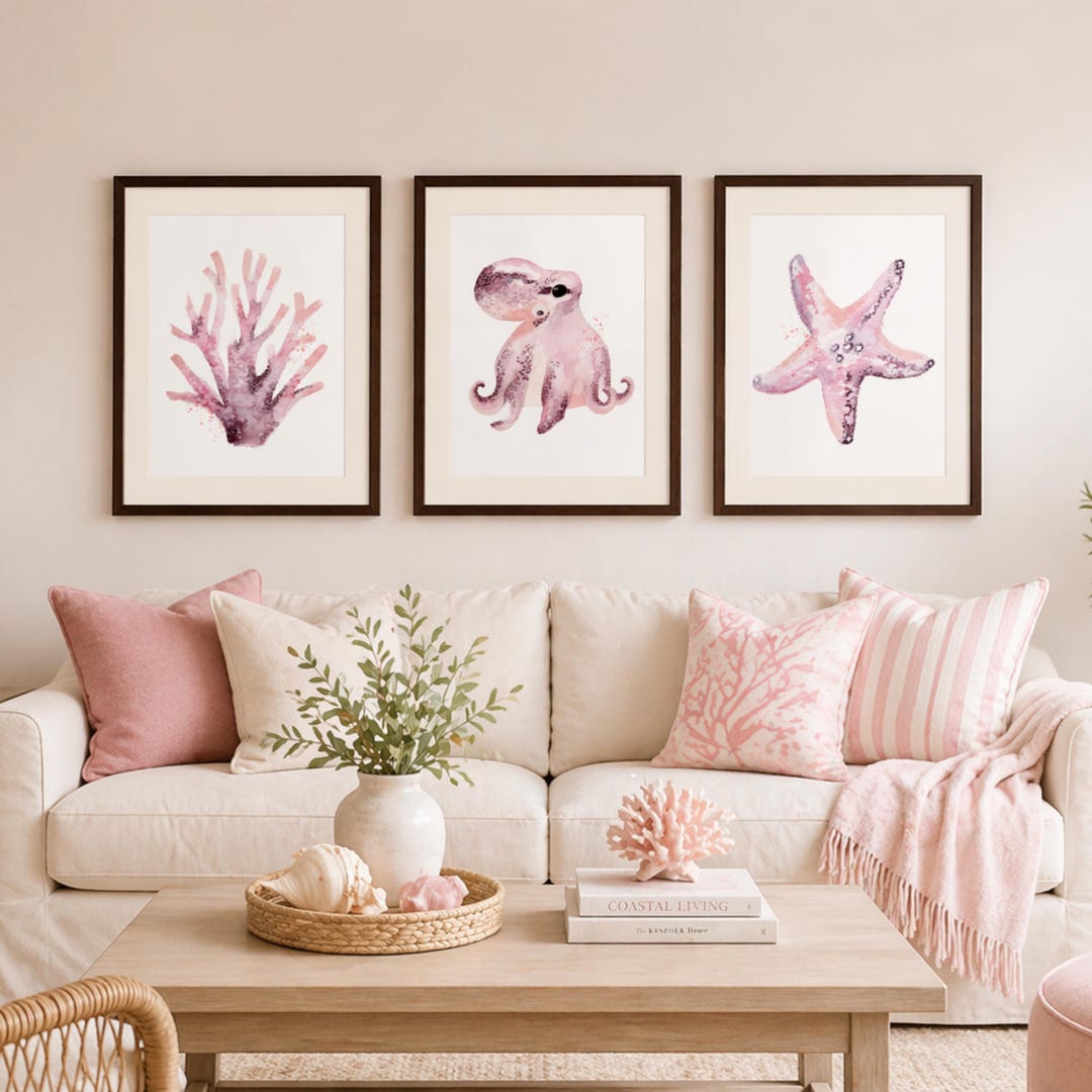 Pink Coastal Watercolor Art Set, Ocean Nursery Decor, Beach House ...