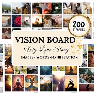 Op de afbeelding: Een vision board kit getiteld My Love Story met 200 elementen, waaronder diverse romantische foto's, natuurscènes en spirituele afbeeldingen. Het centrale crèmekleurige label bevat de tekst VISION BOARD My Love Story IMAGES WORDS MANIFESTATION.