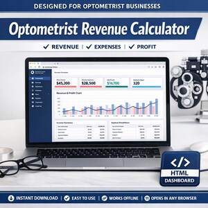 Può includere: Un laptop con un'interfaccia "Optometrist Revenue Calculator". Lo schermo mostra dati finanziari, tra cui ricavi, spese e grafici dei profitti. L'immagine include anche il testo che dice "Download istantaneo", "Facile da usare", "Funziona offline" e "Si apre in qualsiasi browser".