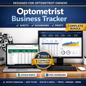 Può includere: Grafica di Optometrist Business Tracker con il testo "Designed for Optometrist Owners." L'immagine mostra un laptop e un monitor desktop che visualizzano fogli di dati e dashboard. È visibile anche il testo "2 Tools 1 Complete Solution".