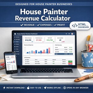 Può includere: Un laptop e uno smartphone che mostrano una dashboard "House Painter Revenue Calculator". Lo schermo mostra dati su entrate, spese e profitti con grafici e un riepilogo dei lavori. Sono visibili anche pennelli e un barattolo di vernice.