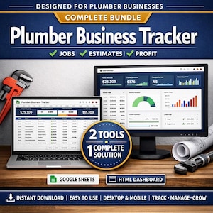 Peut inclure: Publicité pour un produit numérique "Plumber Business Tracker". L'image montre un ordinateur portable et un écran d'ordinateur affichant des données financières, avec le texte "JOBS, ESTIMATES, PROFIT". Le texte supplémentaire comprend "2 TOOLS, 1 COMPLETE SOLUTION" et "GOOGLE SHEETS, HTML DASHBOARD."