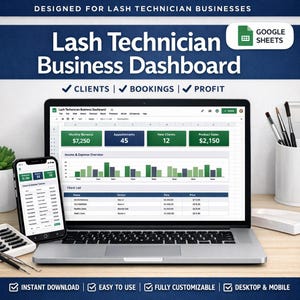 Lash Technician Business Tracker | Revenue & Expense Dashboard | Google Sheets