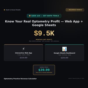 May include: A dark graphic promoting an optometry practice revenue calculator. The image includes the text "Know Your Real Optometry Profit - Web App + Google Sheets" and a price of £9.5K. It also advertises a bundle price of £39.99.