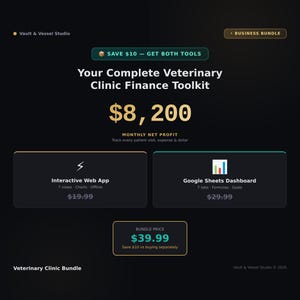 May include: A digital advertisement for a veterinary clinic finance toolkit. The dark background highlights the text: "Your Complete Veterinary Clinic Finance Toolkit" and the price of $8,200. The bundle includes an interactive web app and a Google Sheets dashboard.