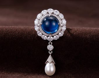 Broche azul zafiro, alfiler de perla de agua dulce, joya de solapa plateada, accesorio de abrigo de estilo vintage