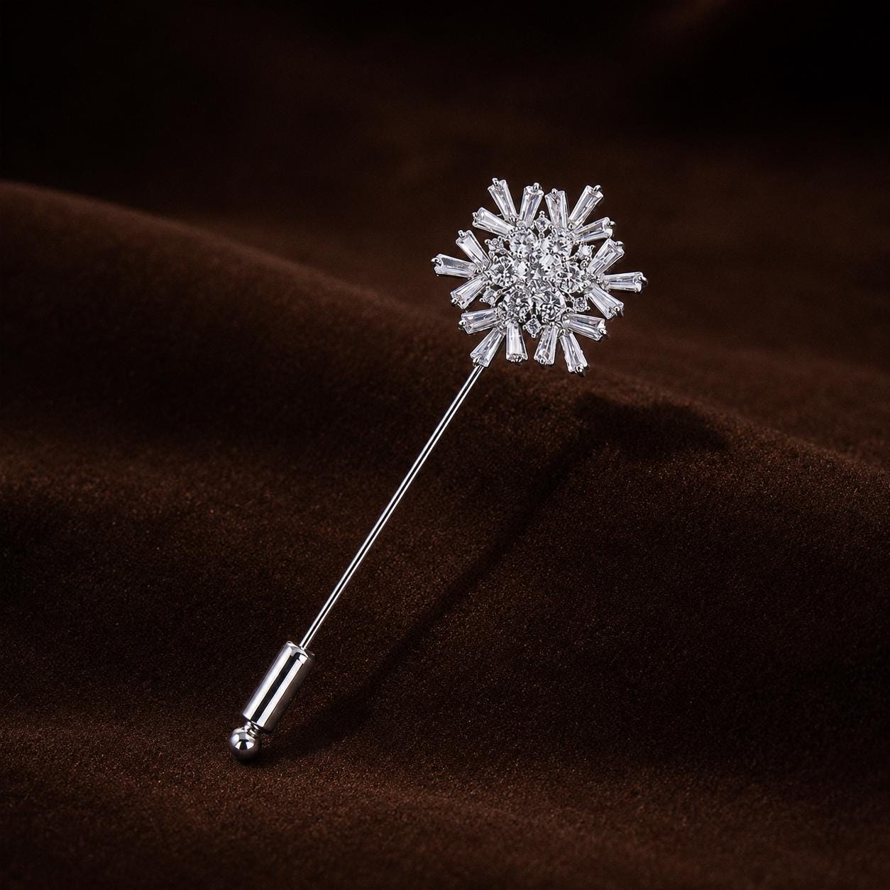 Silver Snowflake Brooch, Crystal Stick Pin, Elegant Coat Fastener