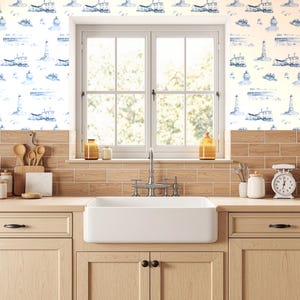 Duxbury, Massachusetts Toile Wallpaper | Peel and Stick, Pasted & Prepasted | Coastal Wall Covering | Blue Teal Sage Grey Plum Pink Red Ink