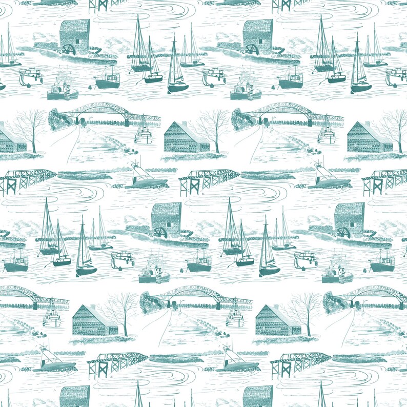 Sandwich Cape Cod Toile Wallpaper, Coastal Wall Covering image 7