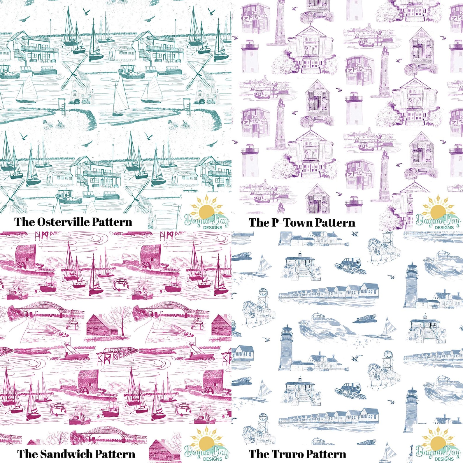 Massachusetts Wallpaper | Coastal Toile Wallcovering | Custom Town ...
