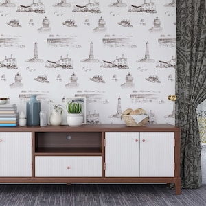 Duxbury, Massachusetts Toile Wallpaper | Peel and Stick, Pasted & Prepasted | Coastal Wall Covering, Blue | Teal | Grey | Plum | Pink