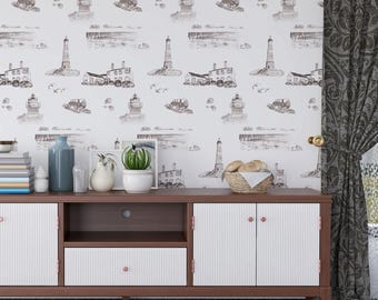 Duxbury, Massachusetts Toile Wallpaper | Peel and Stick, Pasted & Prepasted | Coastal Wall Covering, Blue | Teal | Grey | Plum | Pink
