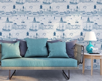 Plymouth, Massachusetts Toile Wallpaper | Peel and Stick, Pasted & Prepasted | Coastal Wall Covering, Blue | Teal | Grey | Plum | Pink