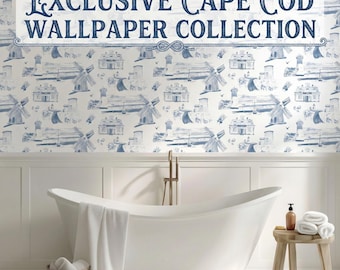 Cape Cod Wallpaper | Coastal Toile Wallcovering | Custom Town & Color Match