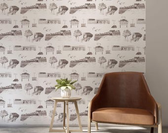 Marshfield, Massachusetts Toile Wallpaper | Peel and Stick, Pasted & Prepasted | Coastal Wall Covering, Blue | Teal | Grey | Plum | Pink