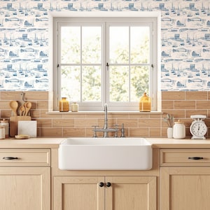 Sandwich Cape Cod Toile Wallpaper, Coastal Wall Covering image 1