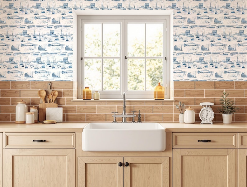 Sandwich Cape Cod Toile Wallpaper, Coastal Wall Covering image 1