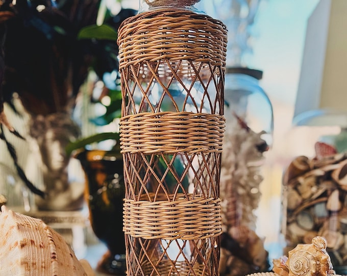 French Wicker & Corked Handblown Glass Carafe