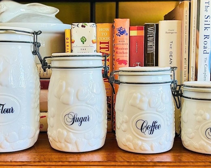 Milk Glass & Navy Script Canister Set by Wheaton *Set of 4