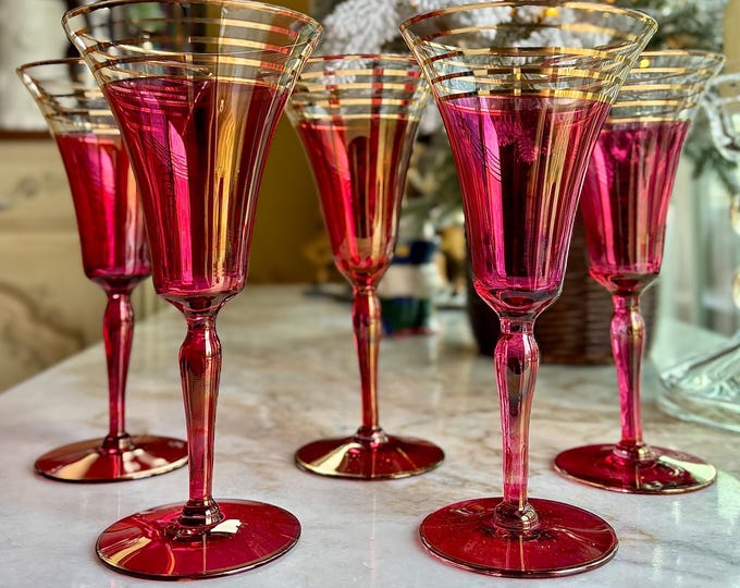 French Cranberry & Gold Flutes *Set of 5