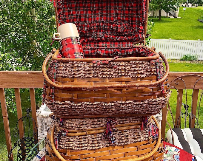 Bamboo & Sisal Rope Tartan Picnic Basket