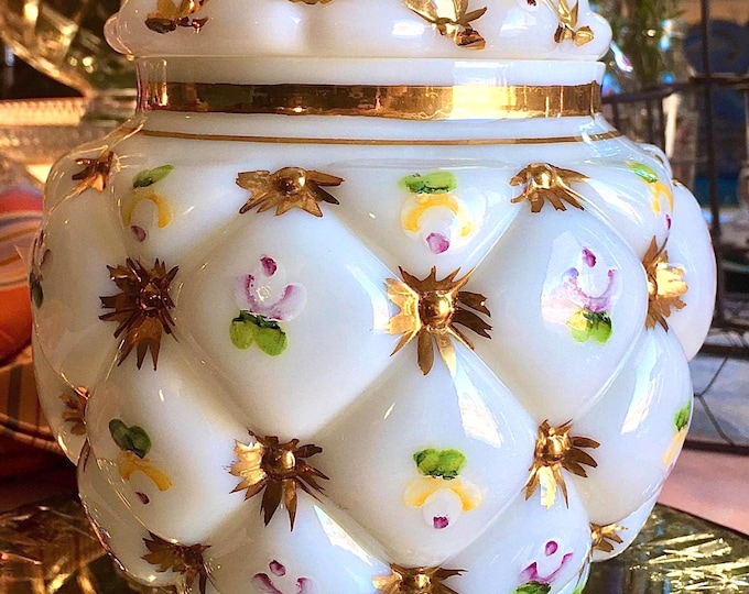Antique Hand Painted Floral & 22K Gold Consolidated Milk Glass Jar