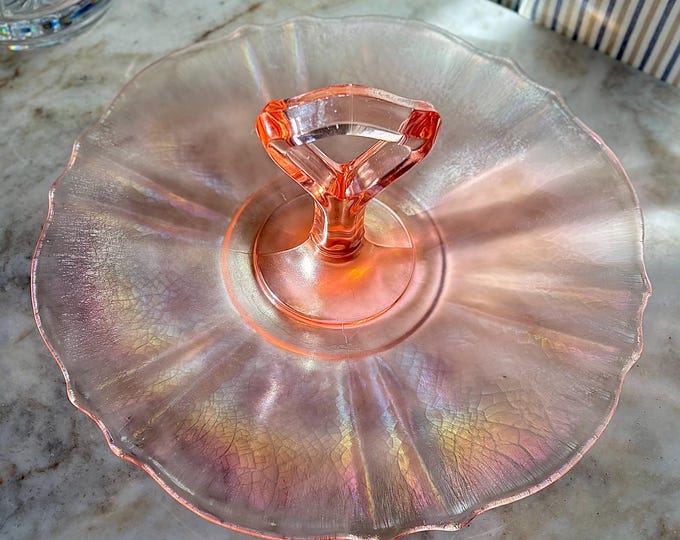 1930’s Pink Iridescent Magnesium Uranium Stretch Glass Tidbit/Hors d’ Oeuvre Tray