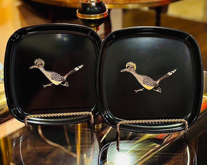 Mid-Century Couroc of Monterey California Iconic Inlaid Roadrunner Bar Tray *each sold separately