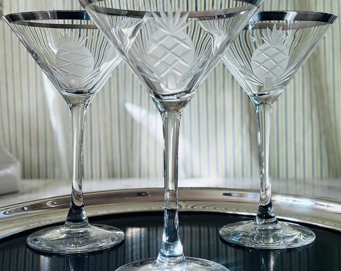 Mid-Century Rare Sterling & Etched Pineapple Martini Trio, by Peruvian Handycraft