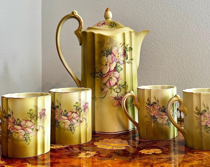 Nippon Hand Painted Dogwood Floral 6 Piece Chocolate Service