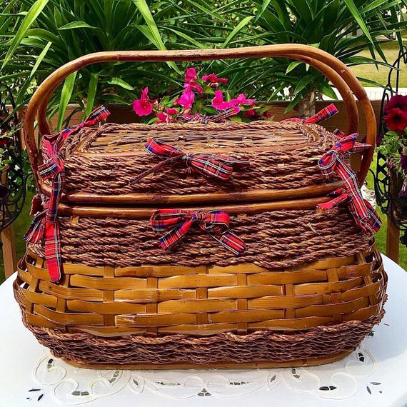 Bamboo & Sisal Rope Tartan Picnic Basket - image 2