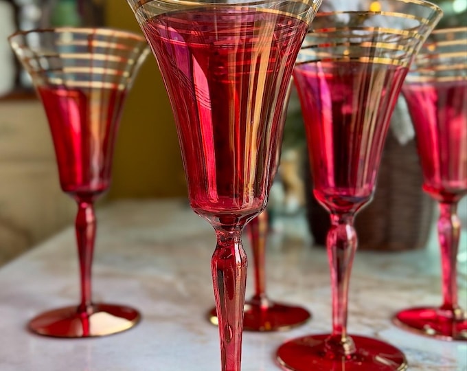 French Cranberry & Gold Flutes *Set of 5