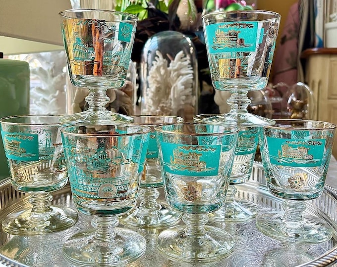 Libbey “Riverboat” 22k & Turquoise Cocktail Glasses *Set of 8