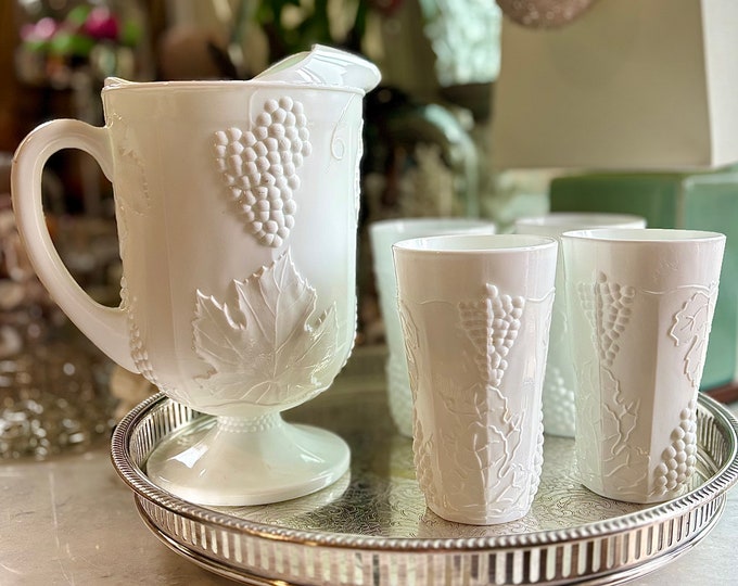 Indiana Milk Glass “Grape & Ivy” Pitcher Set