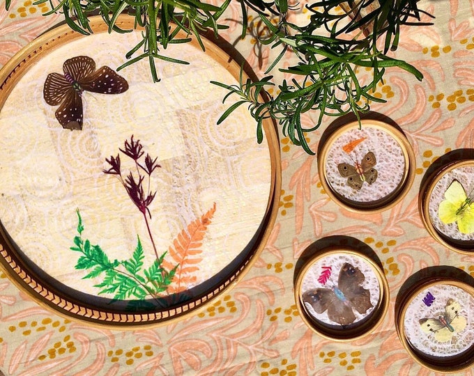 Butterfly Flower Boho Chic Bamboo Cocktail Tray & Coaster Set