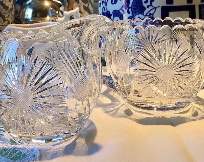Antique American Brilliant Cut "Dahlia & Thistle" Cream and Sugar Set