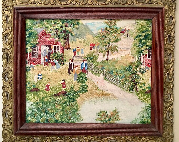 Antique Grandma Moses Framed Bark Cloth