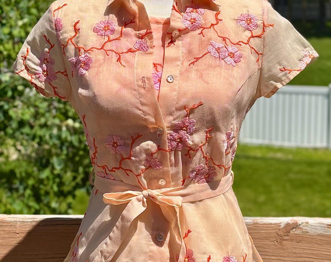 Rare Tocca Cherry Blossom & Coral Branch Embroidered Blouse Ladies 6