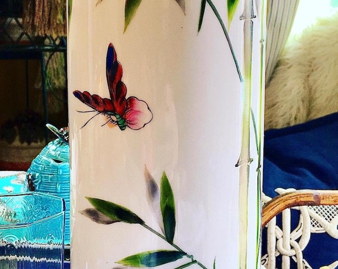Hand Painted Bamboo Butterfly Japanese Vase