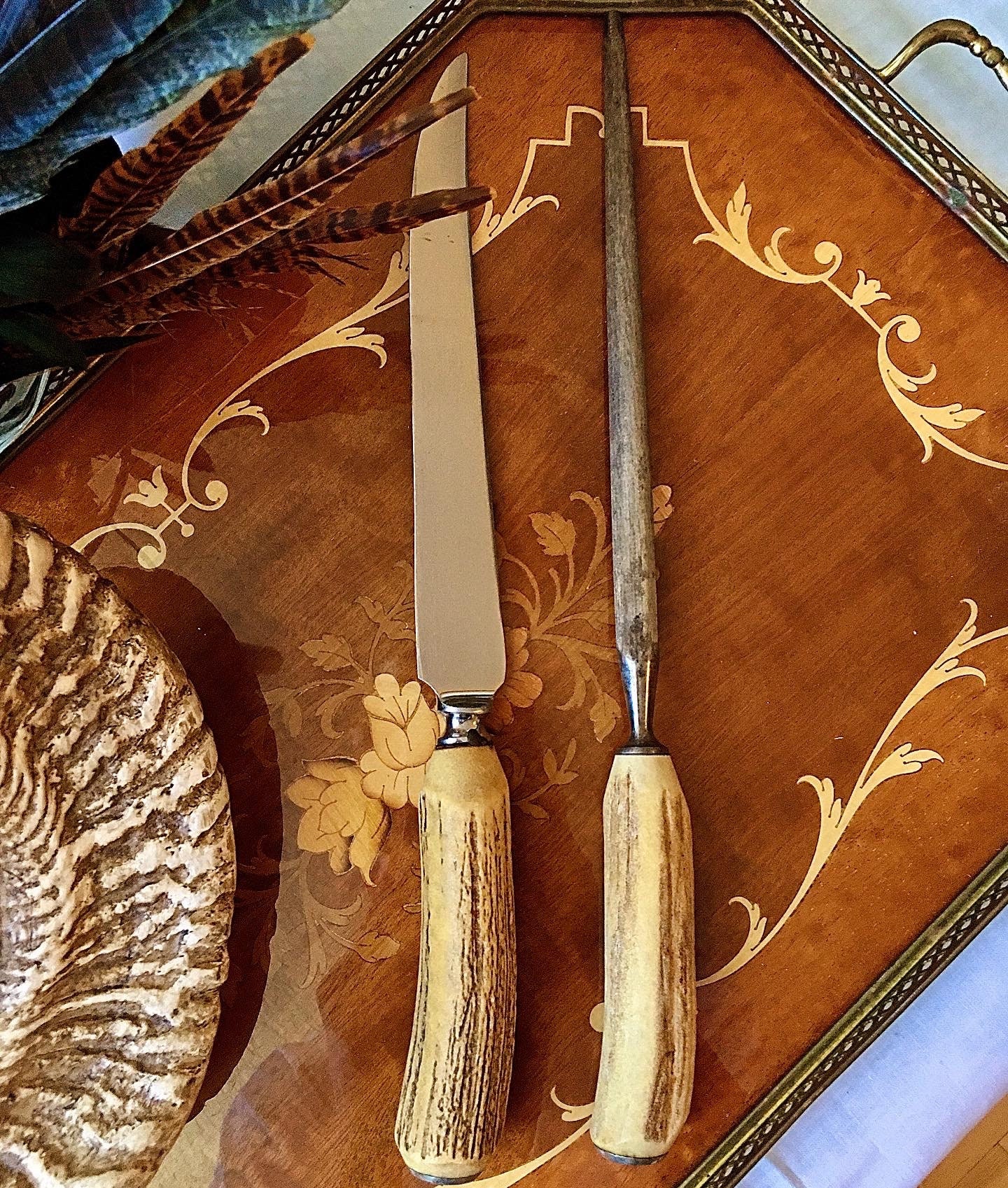 Washington Forge Carving Set and Forgecraft Steak Knife Set With Faux Stag  Horn Bakelite Handles in Original Box 