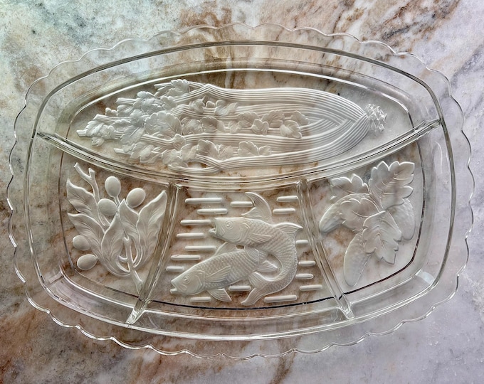 Intaglio Tiara Glass Fish & Floral 4 Part Relish Platter