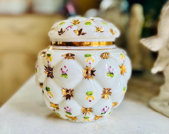 Hand Painted Consolidated Milk Glass Jar