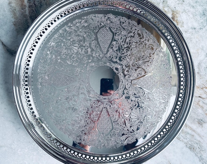 Reed & Barton Baroque Reticulated Silver Plated Gallery Tray 13”