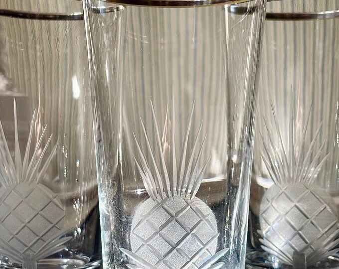Mid-Century Rare Sterling & Etched Pineapple Highballs, by Peruvian Handycraft *Set of 4