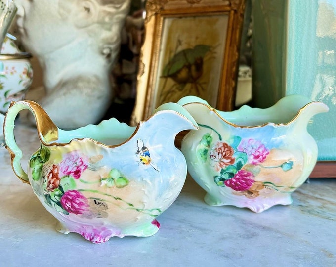 Antique RS Prussia Hand Painted Creamer & Sugar Set