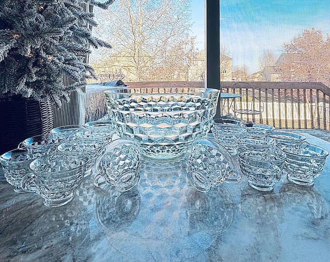 Cubist Whitehall Punch Bowl Set by Vintage Indiana Glass *17 Piece Set