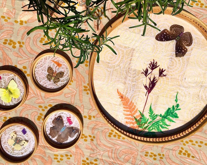 Butterfly Flower Boho Chic Bamboo Cocktail Tray & Coasters *5 Piece Set